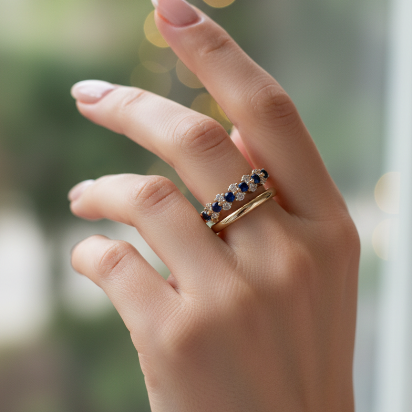 Woman wearing Vintage Blue Zirconia Ring Set - Portrait