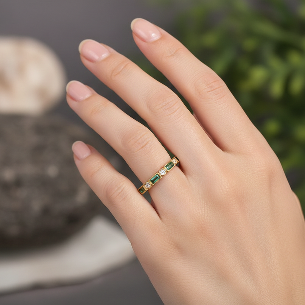 Woman wearing Vintage Green Inlaid Zirconia Gold Ring on ring finger