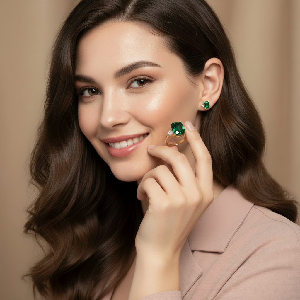 Woman holding Green Zirconia Ring in Gold between fingertips