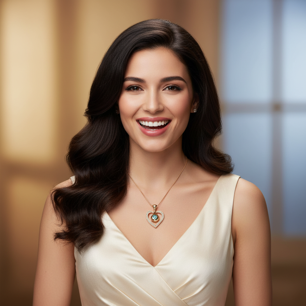 Excited Woman wearing Golden Blue Crystal Heart Necklace - Front