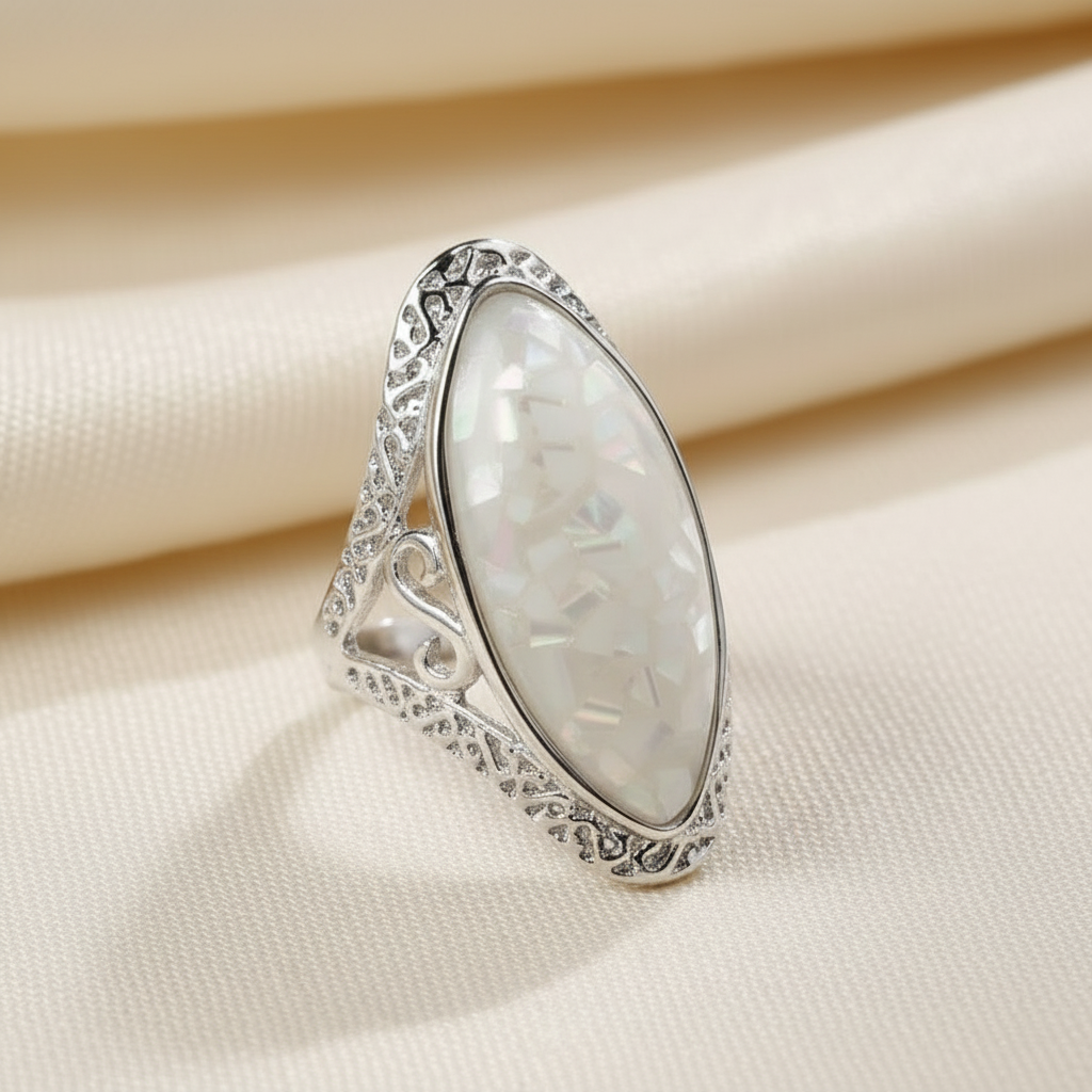Vintage White Opal Silver Ring on luxury cream textured fabric background