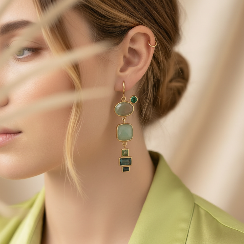 Model wearing Vintage Green Dangling Earrings with light green blouse