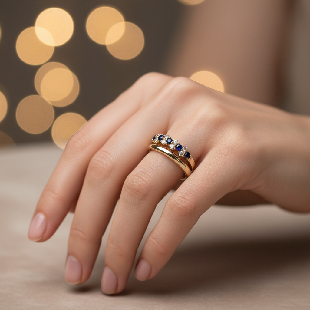 Woman wearing Vintage Blue Zirconia Ring Set - Close Up