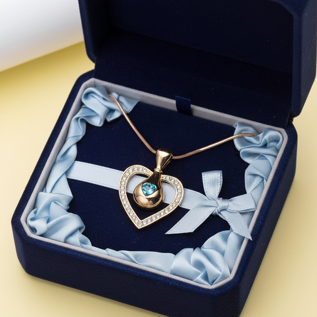 Golden Blue Crystal Heart Necklace in Luxury Gift Box