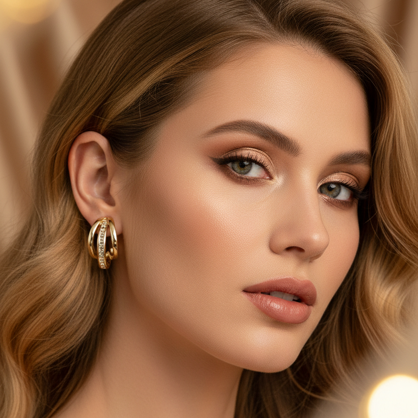 Elegant Gold-Plated Three-Ring Earrings - Editorial