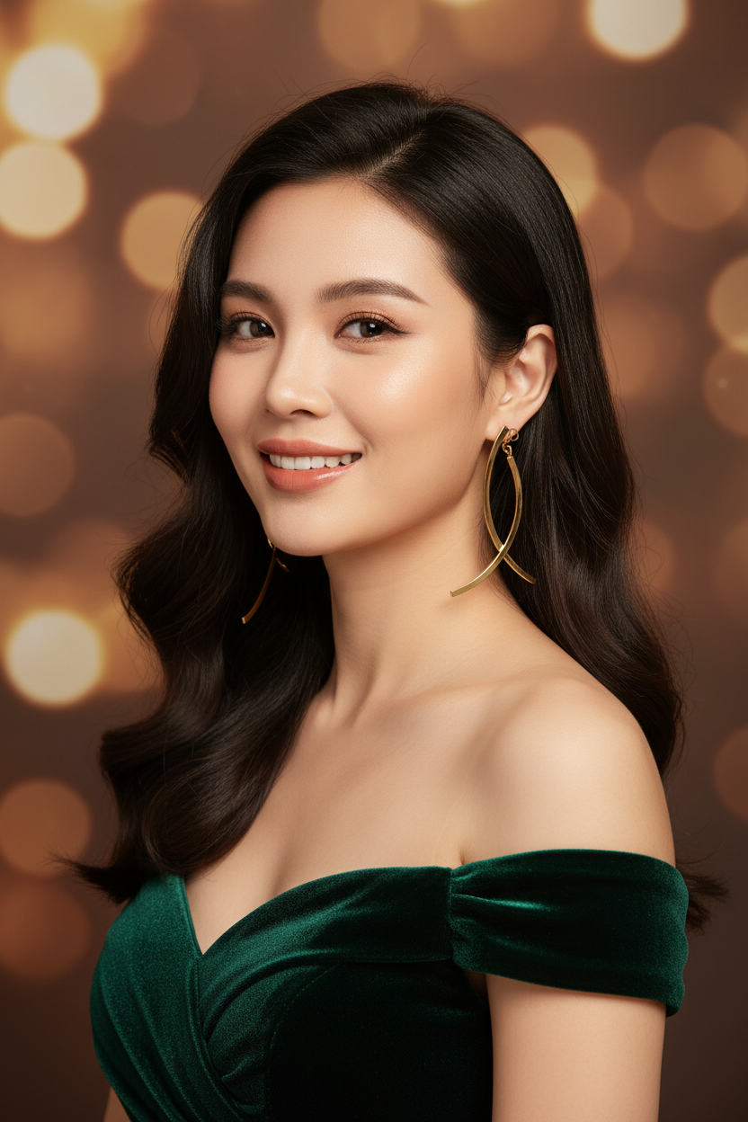 Excited Woman wearing Elegant Golden Fish Earrings - Three Quarter