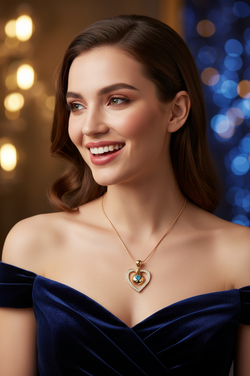 Excited Woman wearing Golden Blue Crystal Heart Necklace - Three Quarter