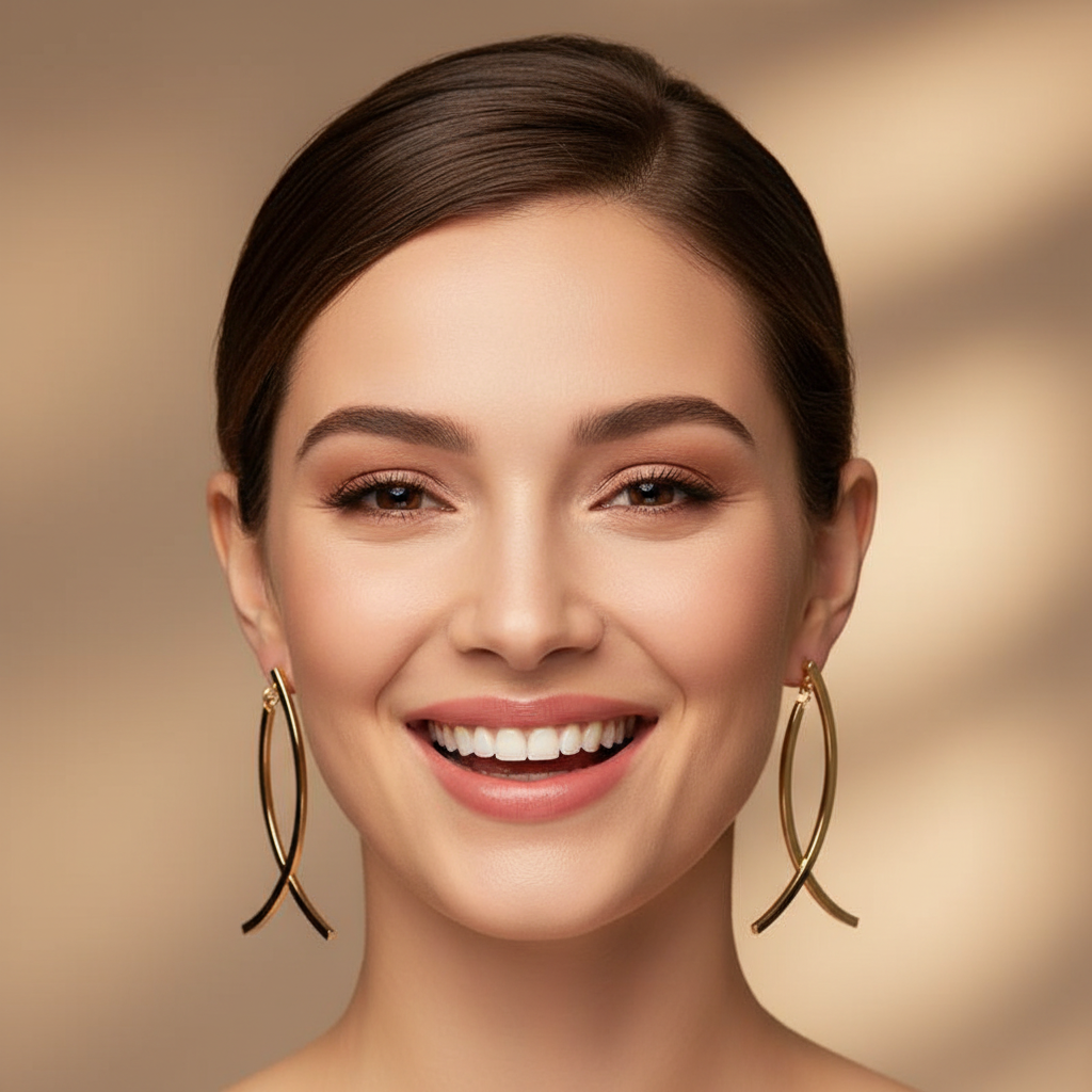 Excited Woman wearing Elegant Golden Fish Earrings - Front