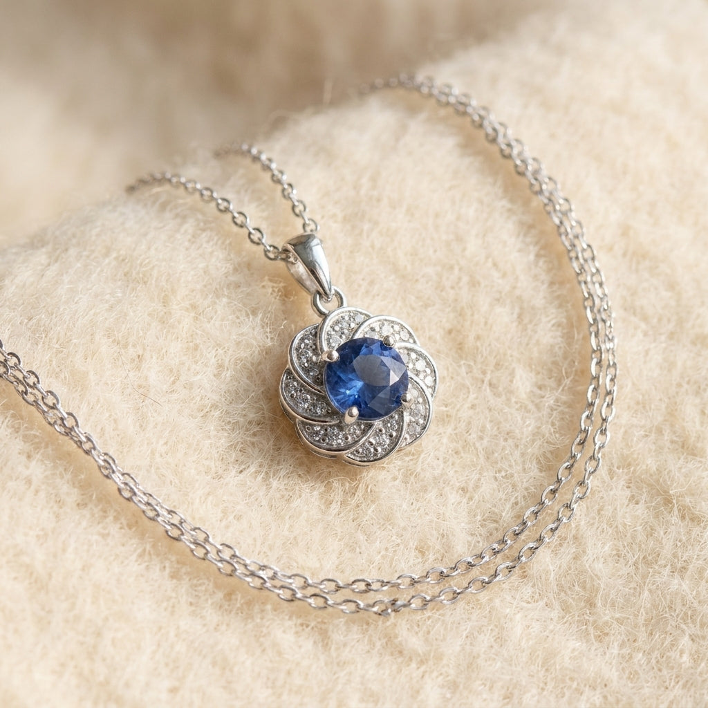 Blue kyanite flower pave sterling silver pendant necklace on warm cream wool