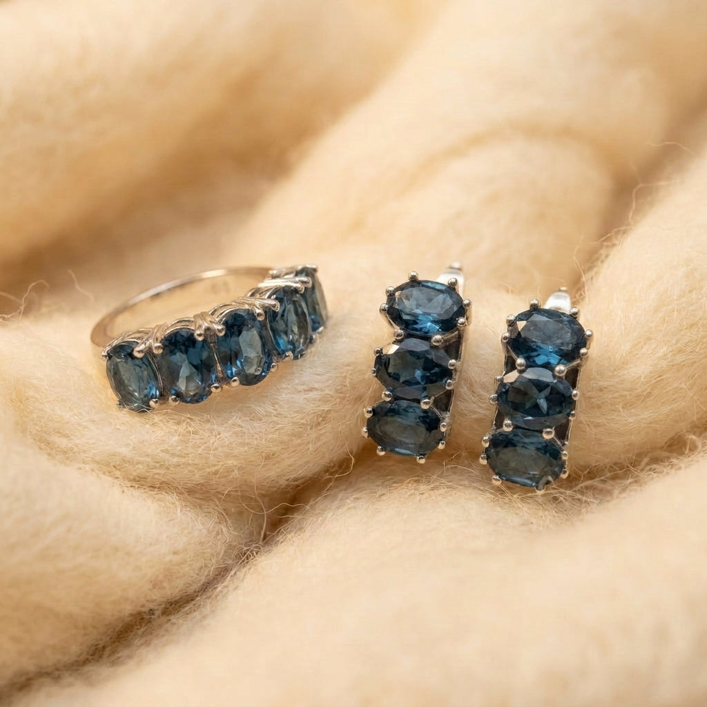 By Sophi Natural London Blue Topaz Ring & Earring Set, catalog flat-lay on warm cream wool