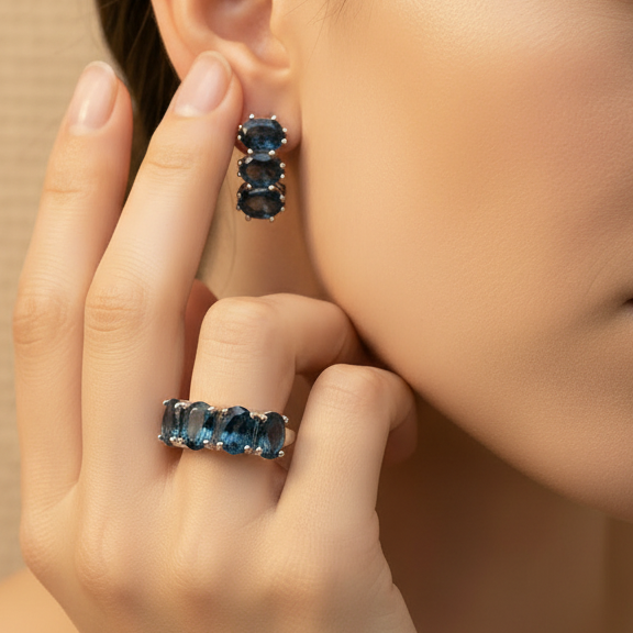 Natural London Blue Topaz Ring & Earring Set in Sterling Silver
