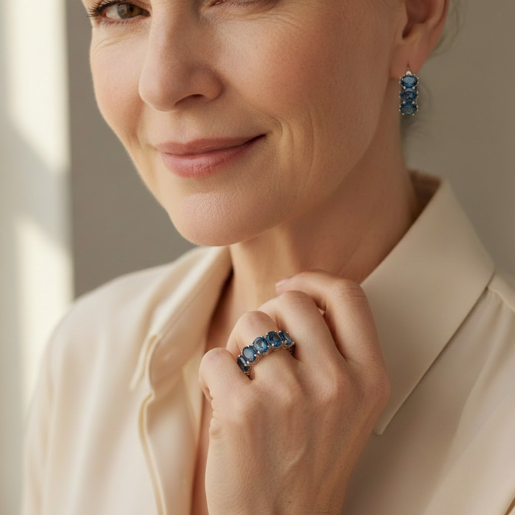 Natural London Blue Topaz Ring & Earring Set in Sterling Silver