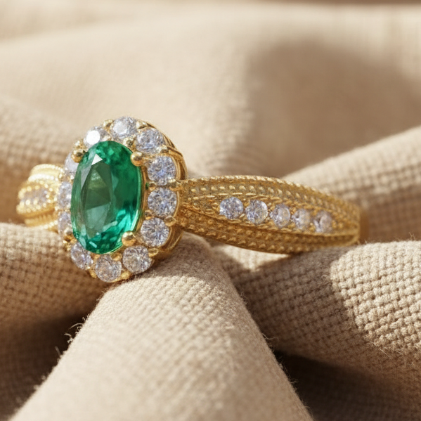 Natural Emerald Halo Ring in Sterling Silver