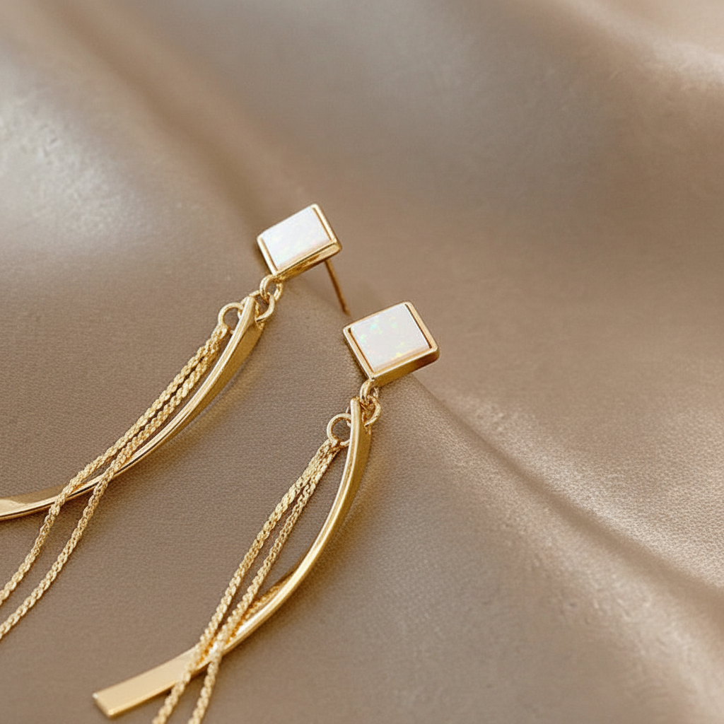 White Opal Drop Earrings in Gold