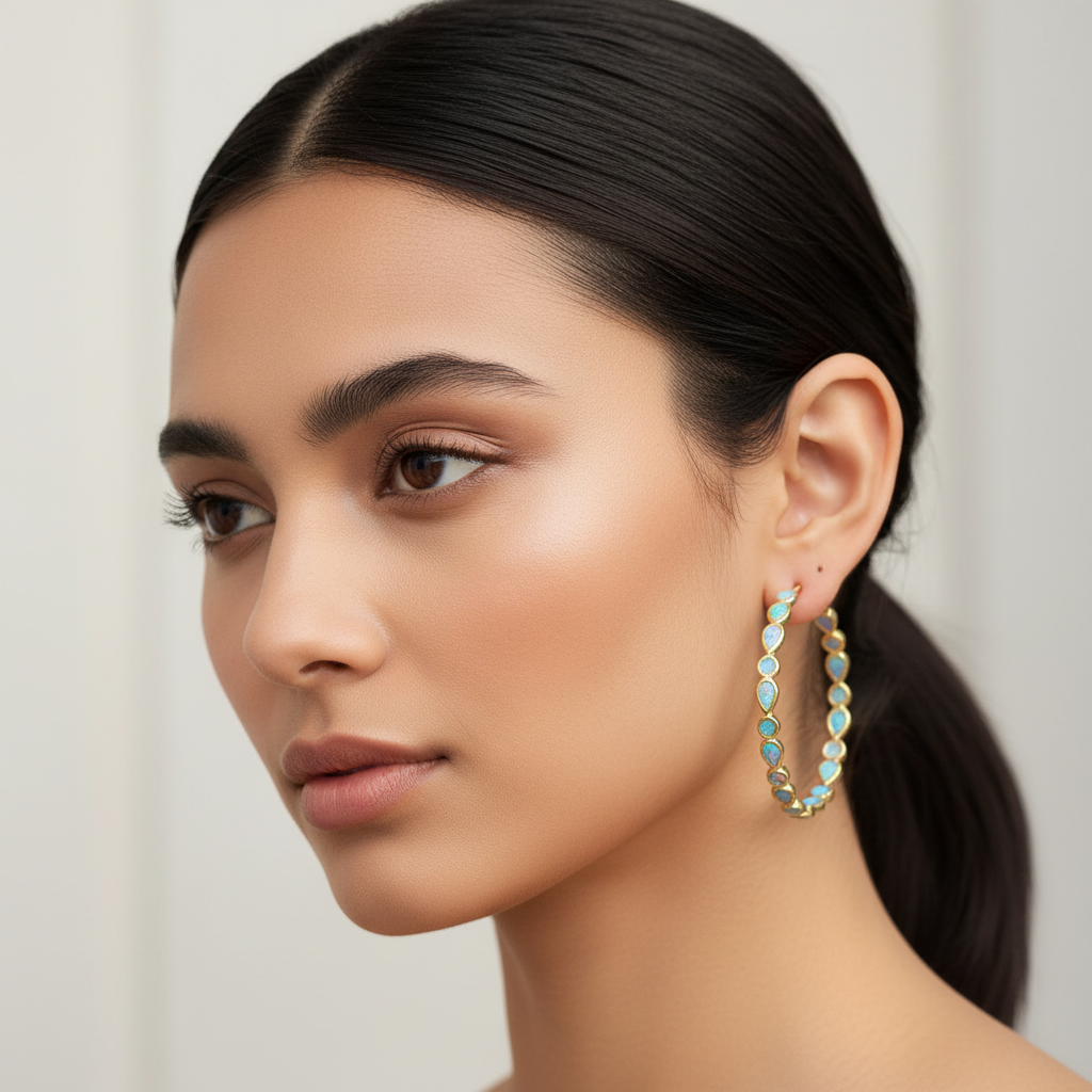 Vintage Blue Opal Golden Hoop Earrings