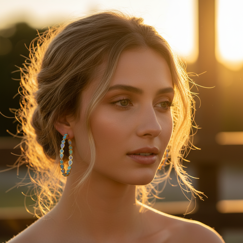 Vintage Blue Opal Golden Hoop Earrings