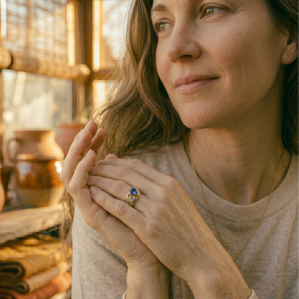 Woman wearing a ring with a blue stone in a warm, indoor setting.