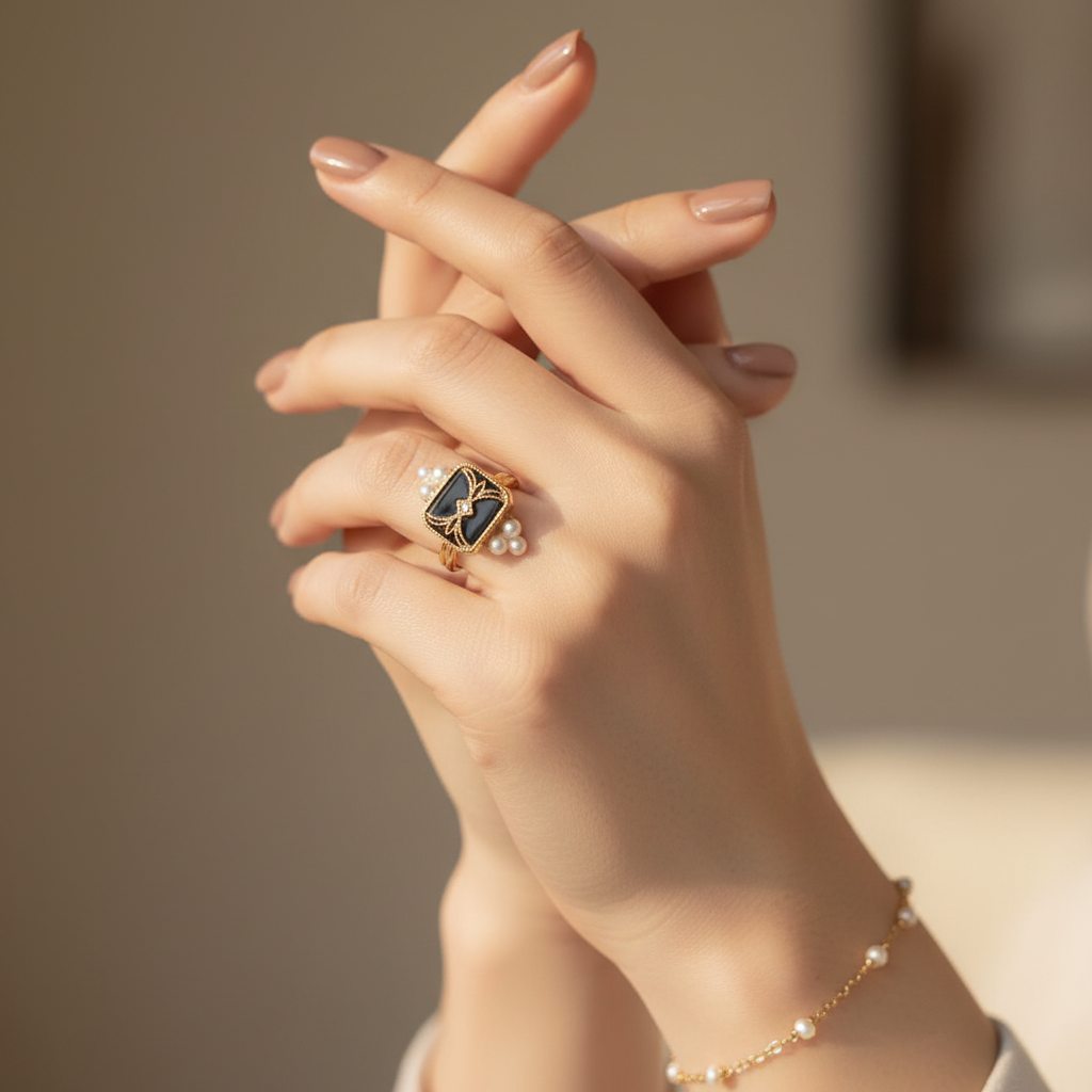 Black Enamel & Pearl Gold Ring