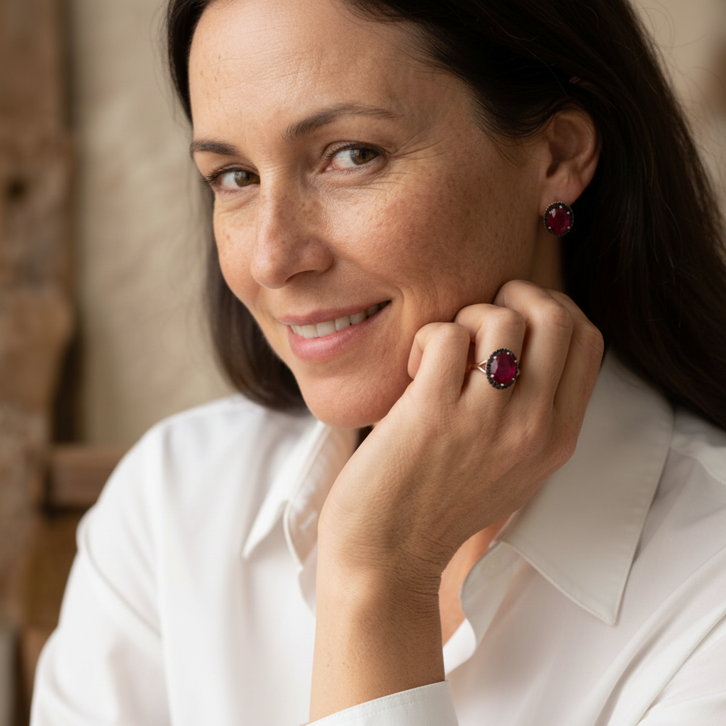 Composite Ruby Ring & Earring Set in Rose Gold-Plated Sterling Silver