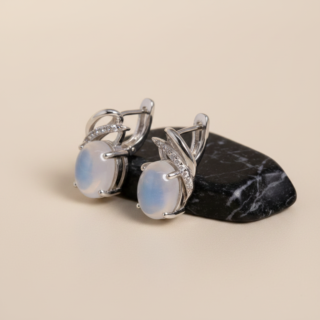 Natural White Moonstone Huggie Earrings in Sterling Silver
