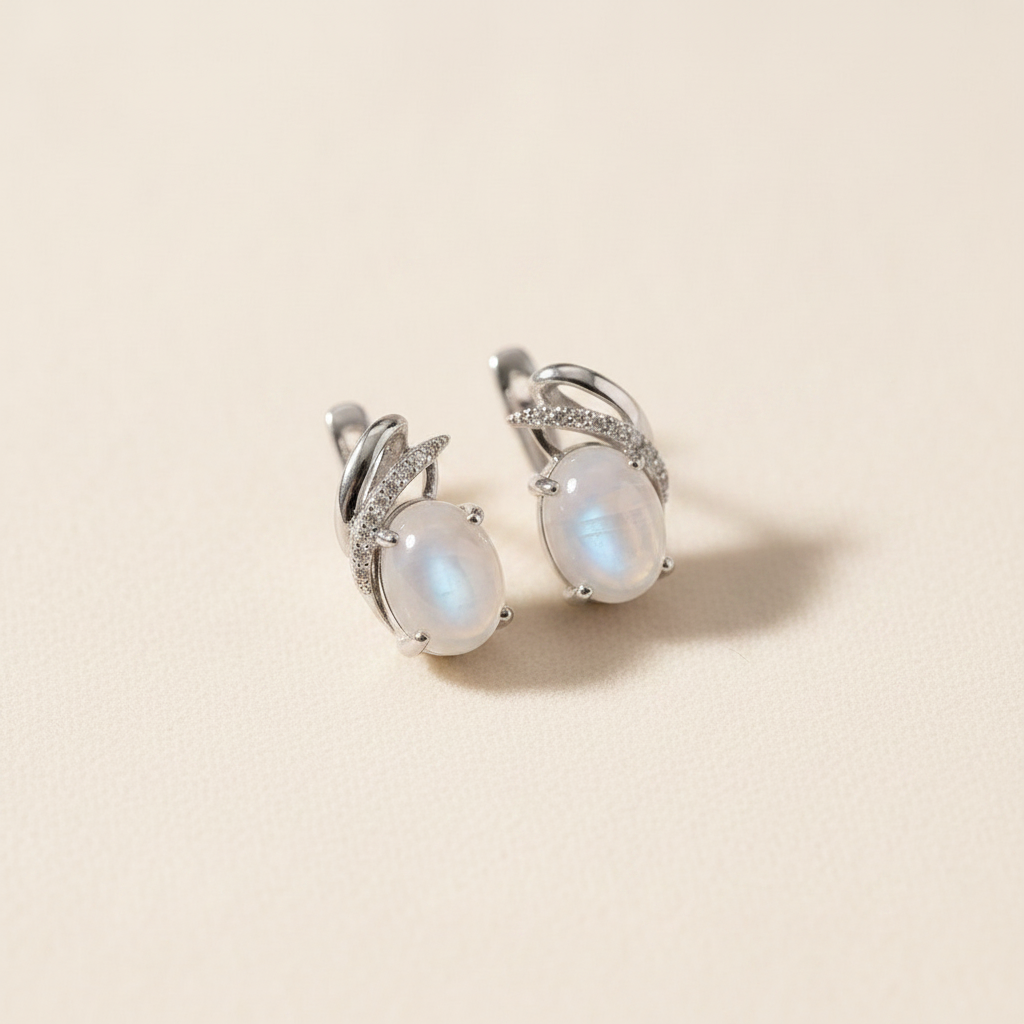 Natural White Moonstone Huggie Earrings in Sterling Silver