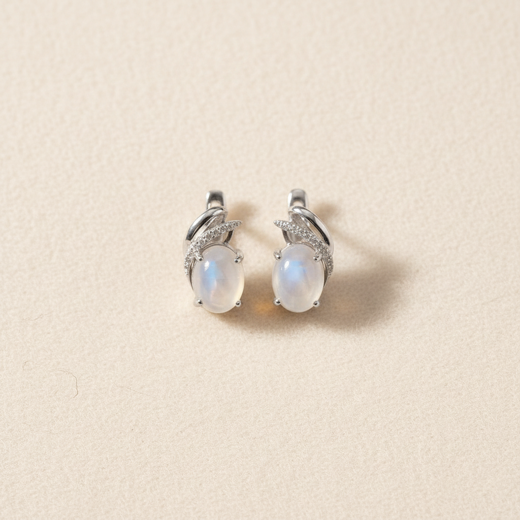 Natural White Moonstone Huggie Earrings in Sterling Silver
