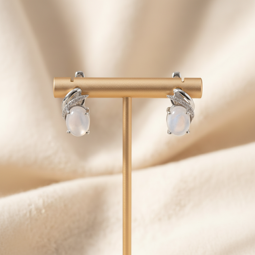 Natural White Moonstone Huggie Earrings in Sterling Silver