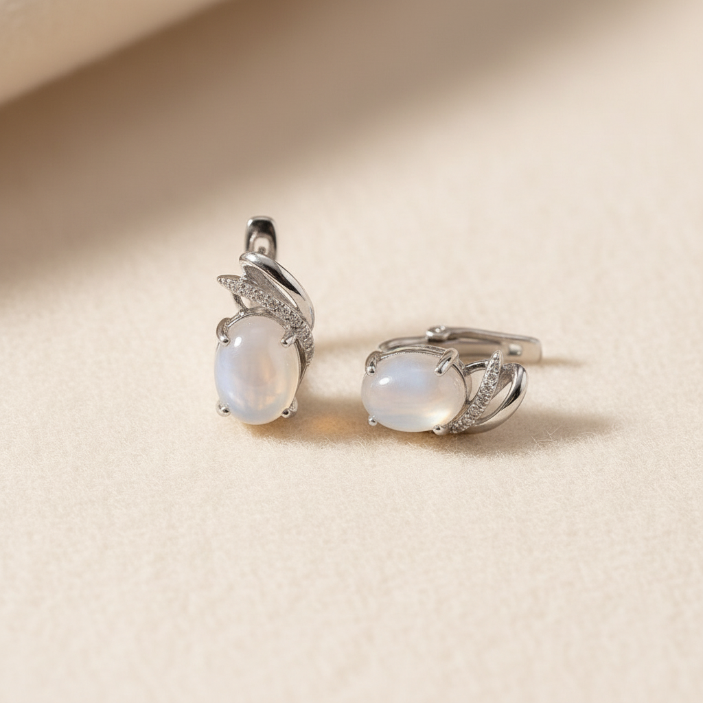 Natural White Moonstone Huggie Earrings in Sterling Silver