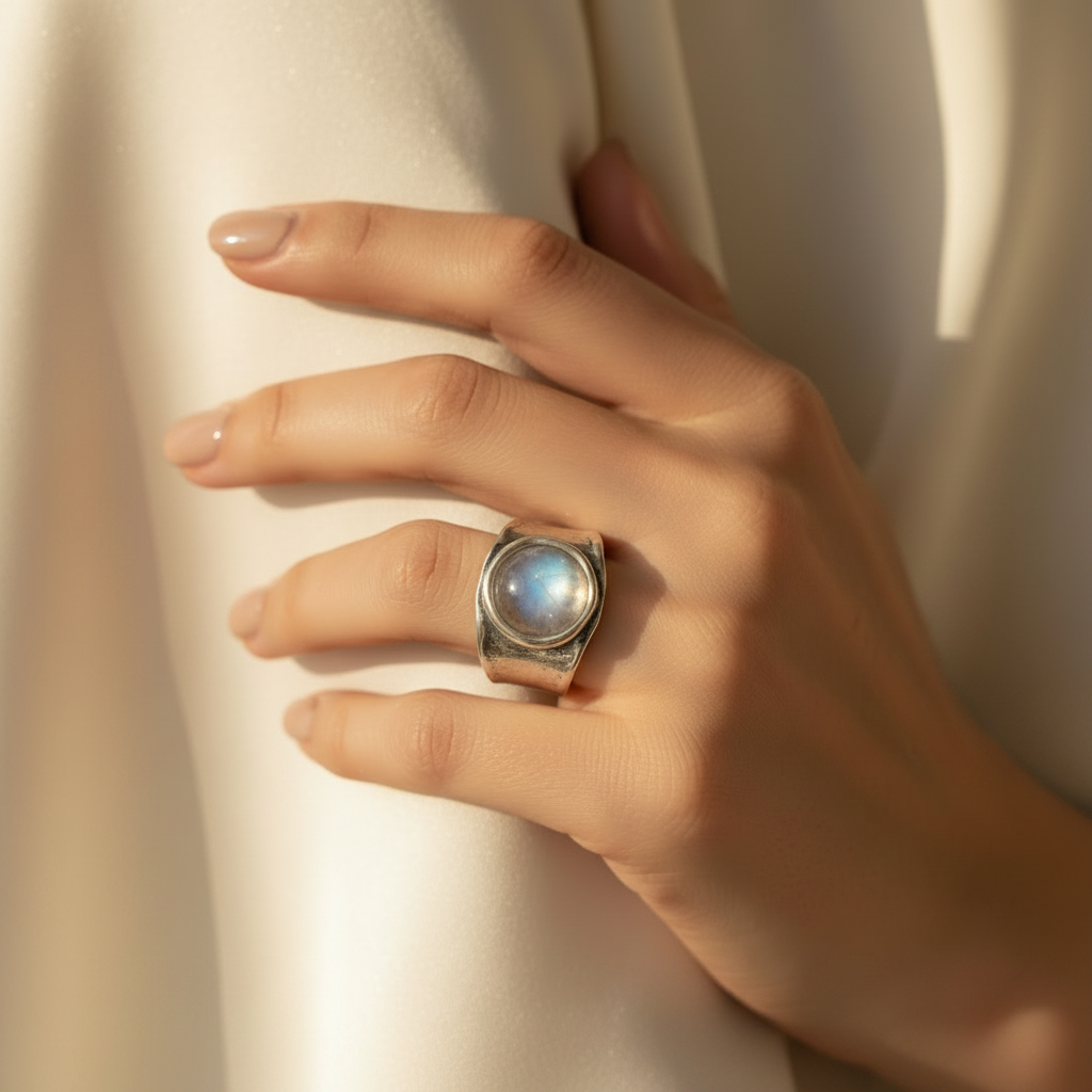 Moonstone wide Silver, Bezel Ring