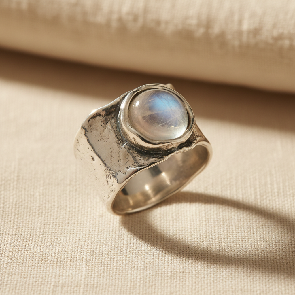 Moonstone wide Silver, Bezel Ring