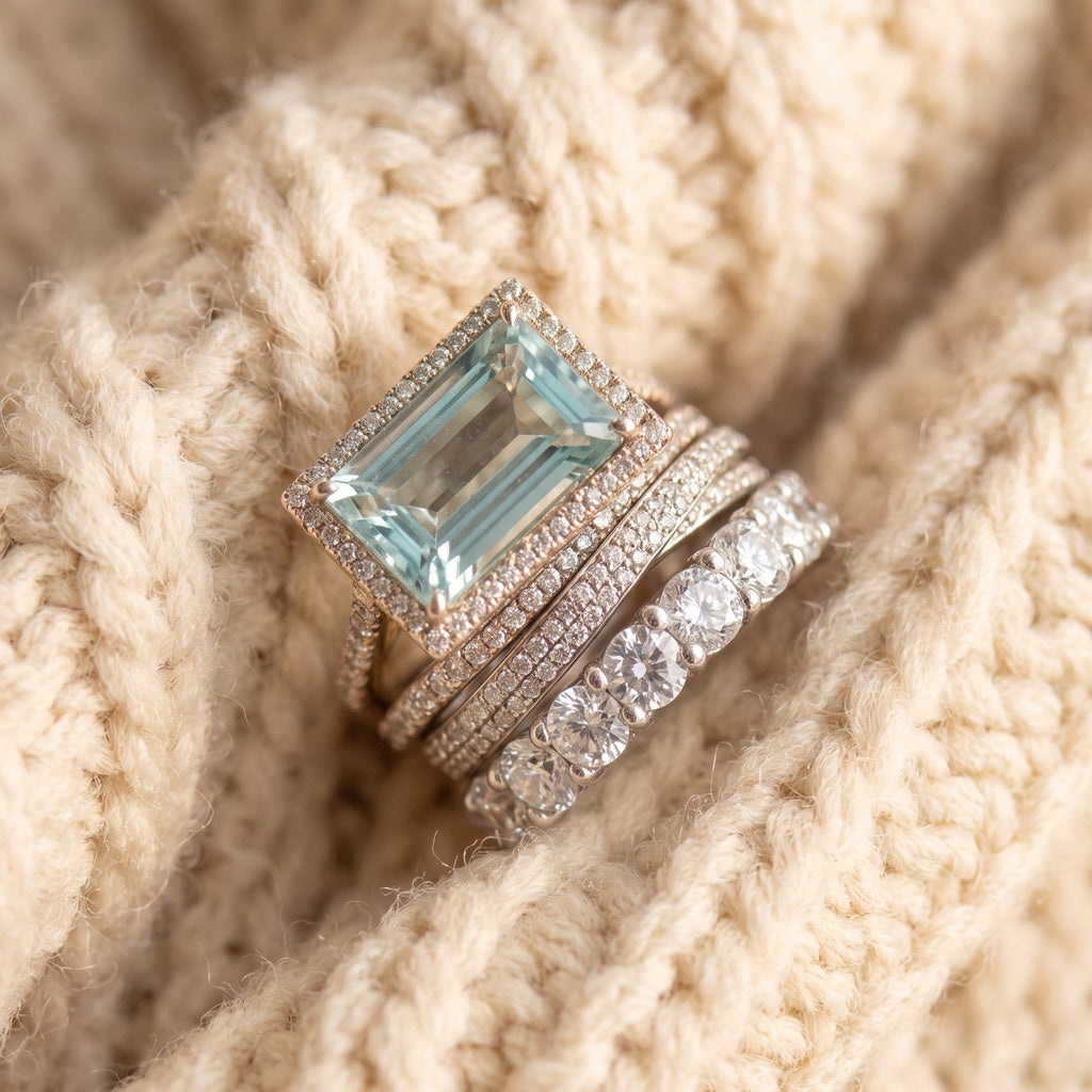 By Sophi Vintage Silver Blue Crystal Ring Set, flat-lay on warm cream wool