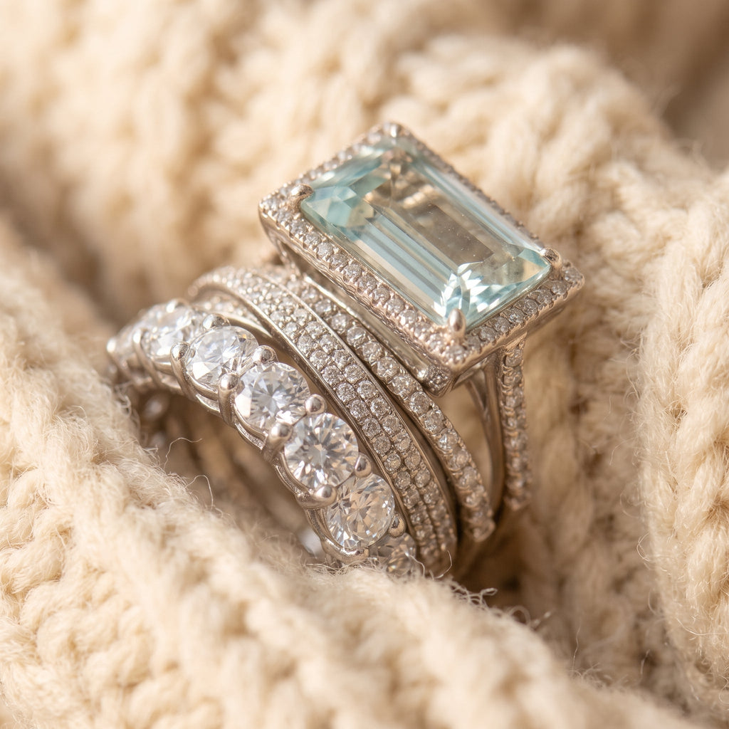 By Sophi Vintage Silver Blue Crystal Ring Set, macro detail on cream wool