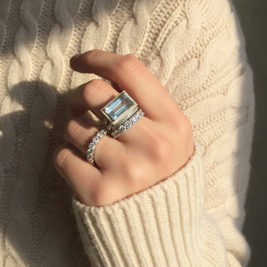By Sophi Vintage Silver Blue Crystal Ring Set, worn on hand