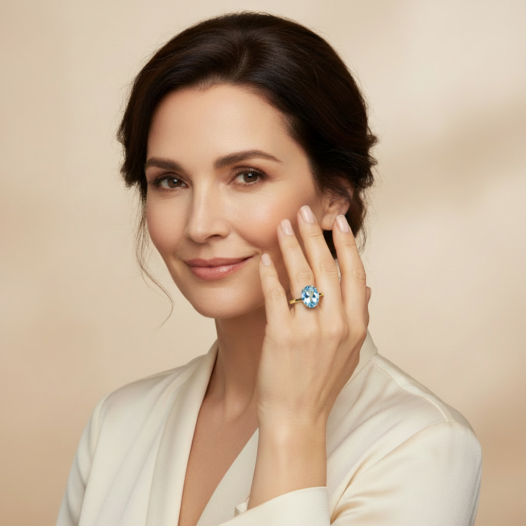 Natural Blue Topaz Solitaire Ring in Gold
