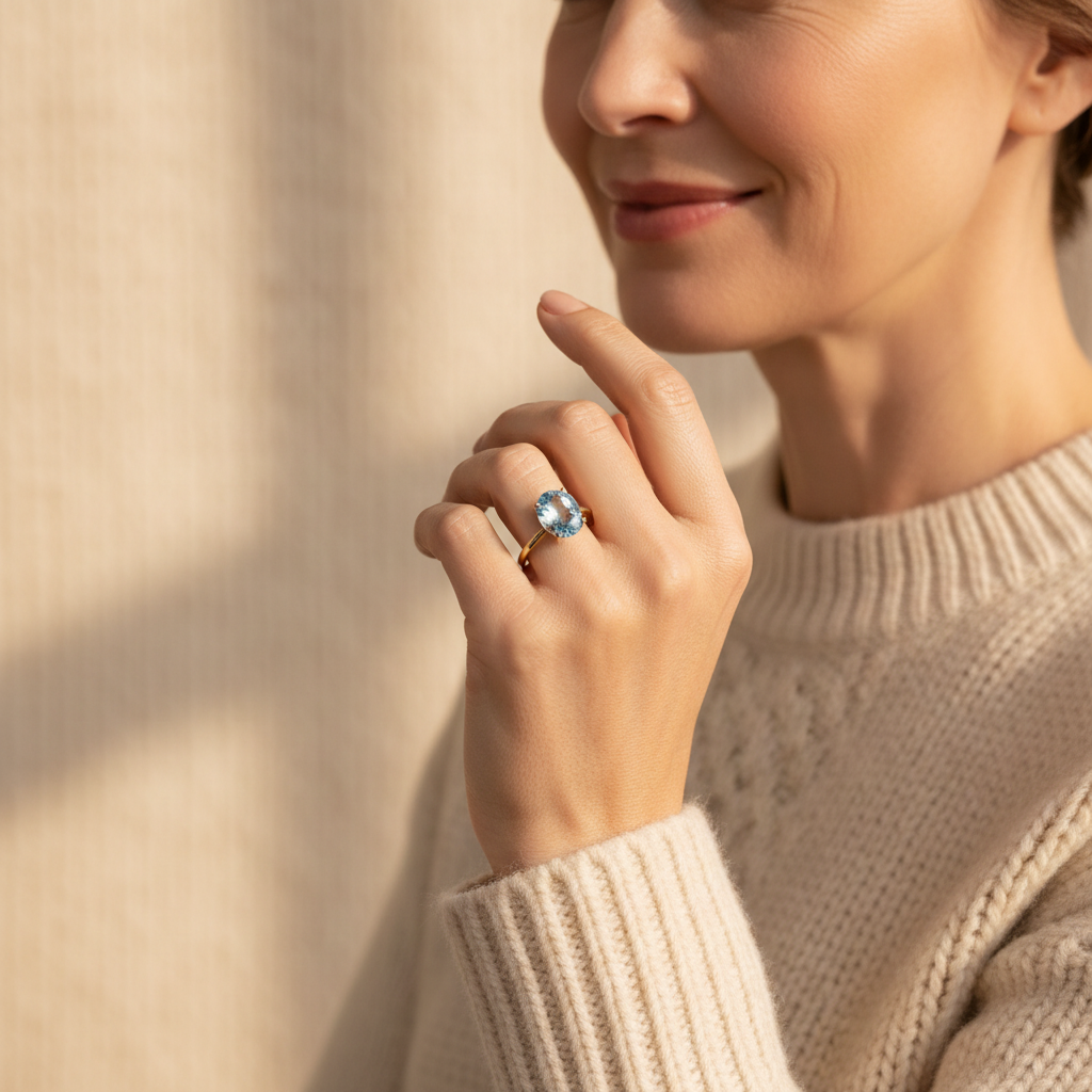 Natural Blue Topaz Solitaire Ring in Gold