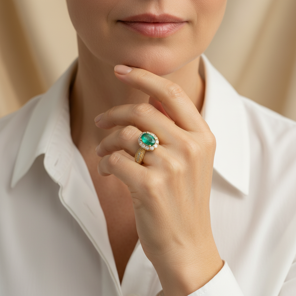 Natural Emerald Halo Ring in Sterling Silver