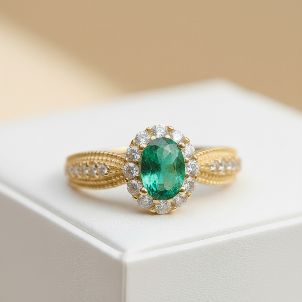 Natural Emerald Halo Ring in Sterling Silver