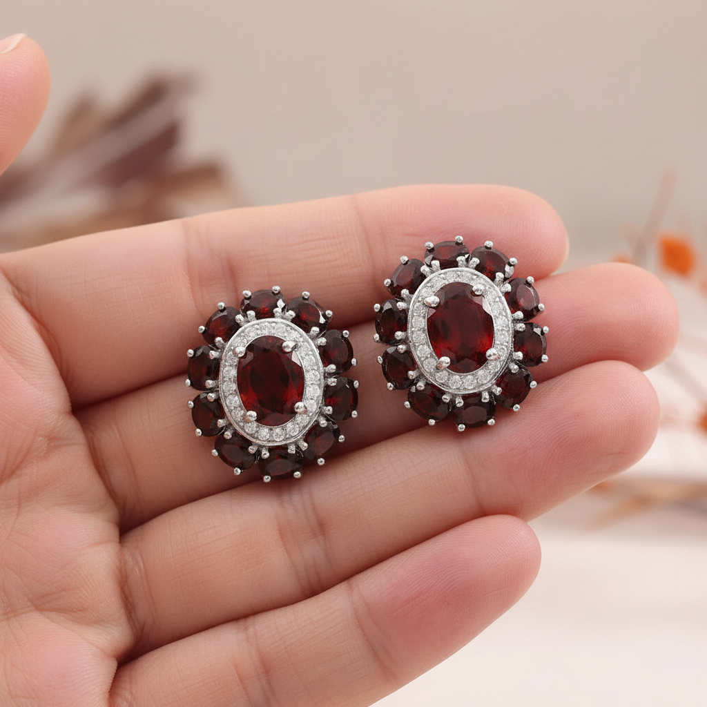 Natural Garnet Cluster Earrings in Sterling Silver