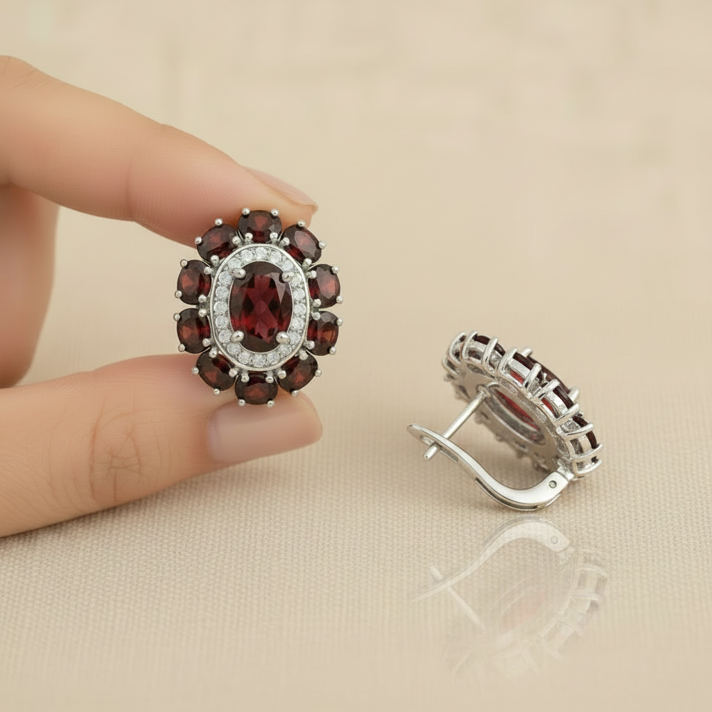 Natural Garnet Cluster Earrings in Sterling Silver