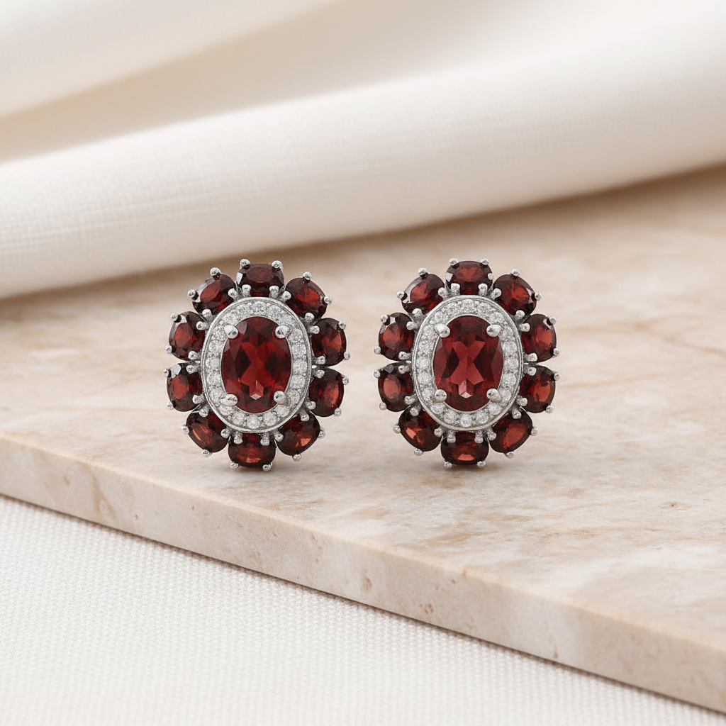 Natural Garnet Cluster Earrings in Sterling Silver