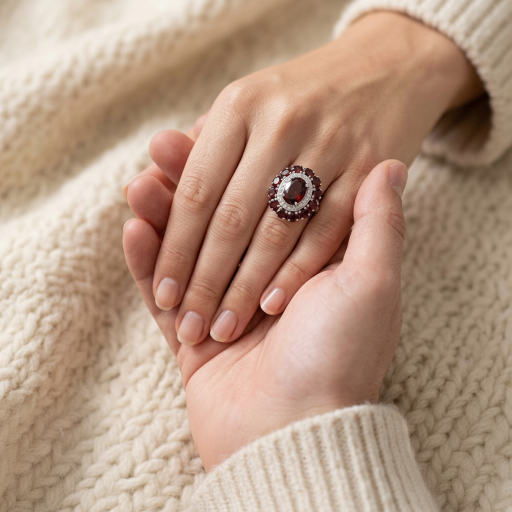 Natural Garnet Halo Ring in Sterling Silver