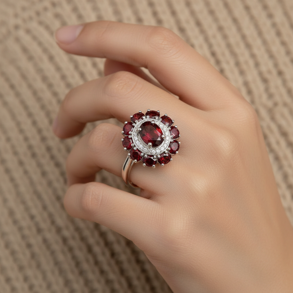 Natural Garnet Halo Ring in Sterling Silver