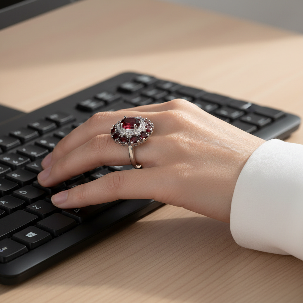 Natural Garnet Halo Ring in Sterling Silver