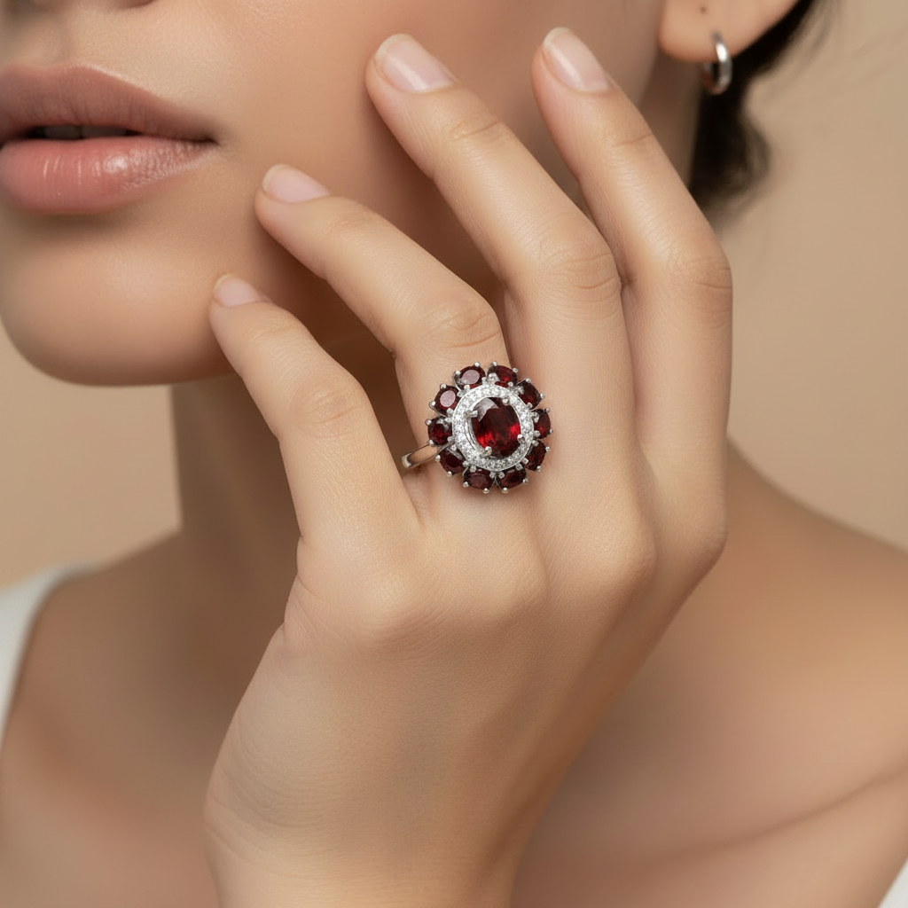 Natural Garnet Halo Ring in Sterling Silver