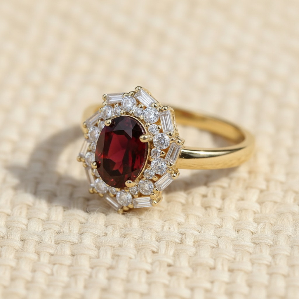 Natural Garnet Vintage Starburst Ring in Sterling Silver
