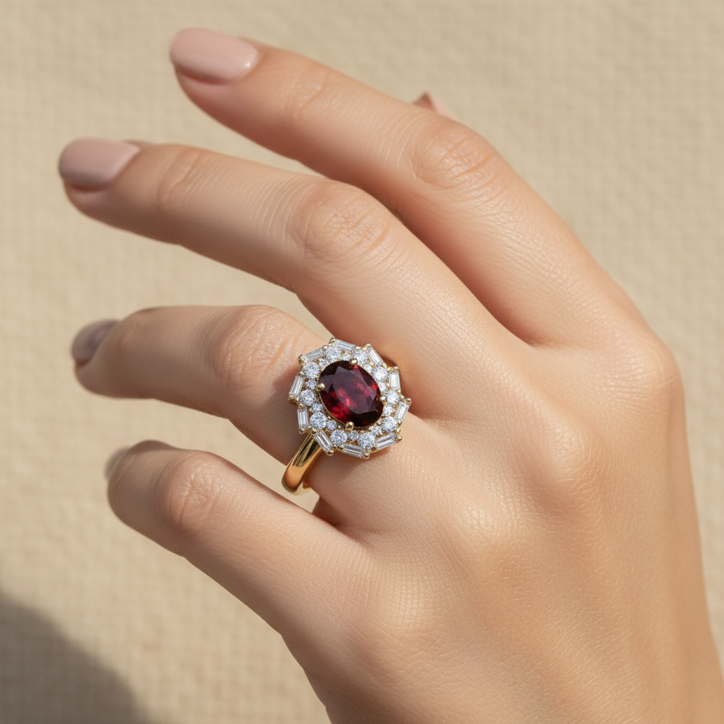 Natural Garnet Vintage Starburst Ring in Sterling Silver