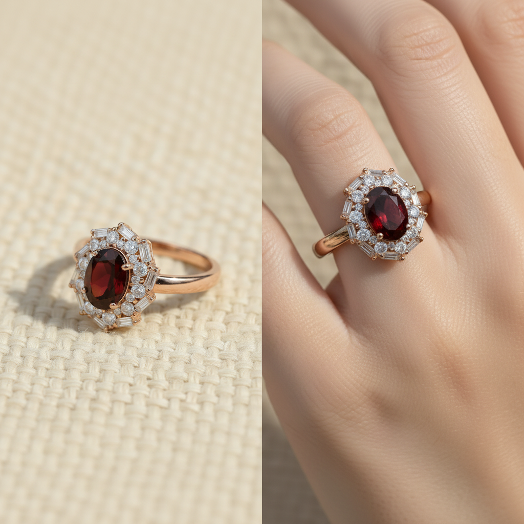 Natural Garnet Vintage Starburst Ring in Sterling Silver