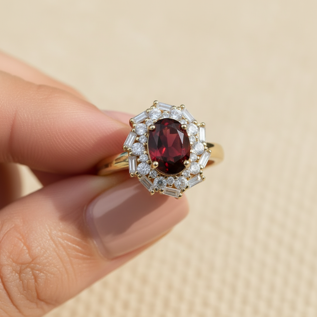 Natural Garnet Vintage Starburst Ring in Sterling Silver