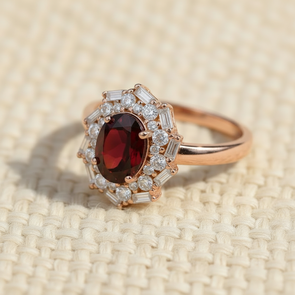 Natural Garnet Vintage Starburst Ring in Sterling Silver