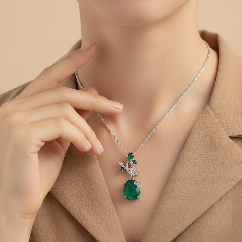 Natural Green Agate Pendant Necklace in Sterling Silver